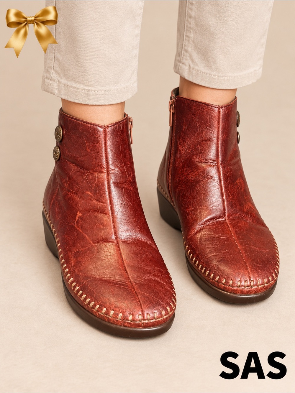 SAS Silhouette Chestnut Brown Leather Ankle Boots 8 WW
